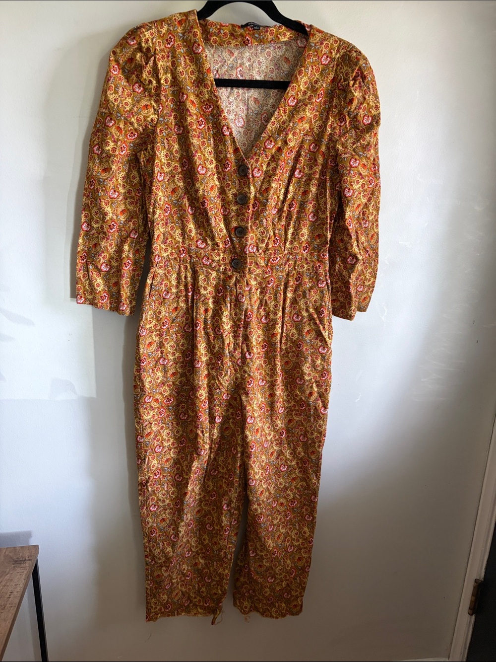 Madewell Mustard Yellow Floral Long Sleeve Jumpsuit
